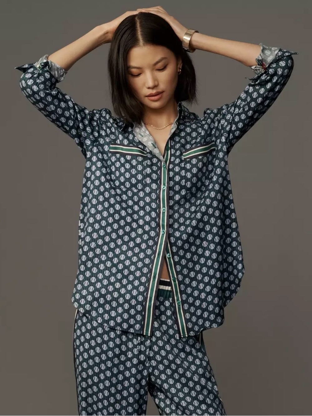 Maeve Anthropology Tennis Printed Long-Sleeve Button Up Long Sleeve Shirt M